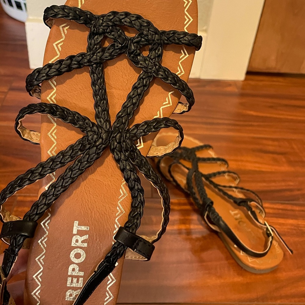 Black braided strap sandals, adjustable buckle